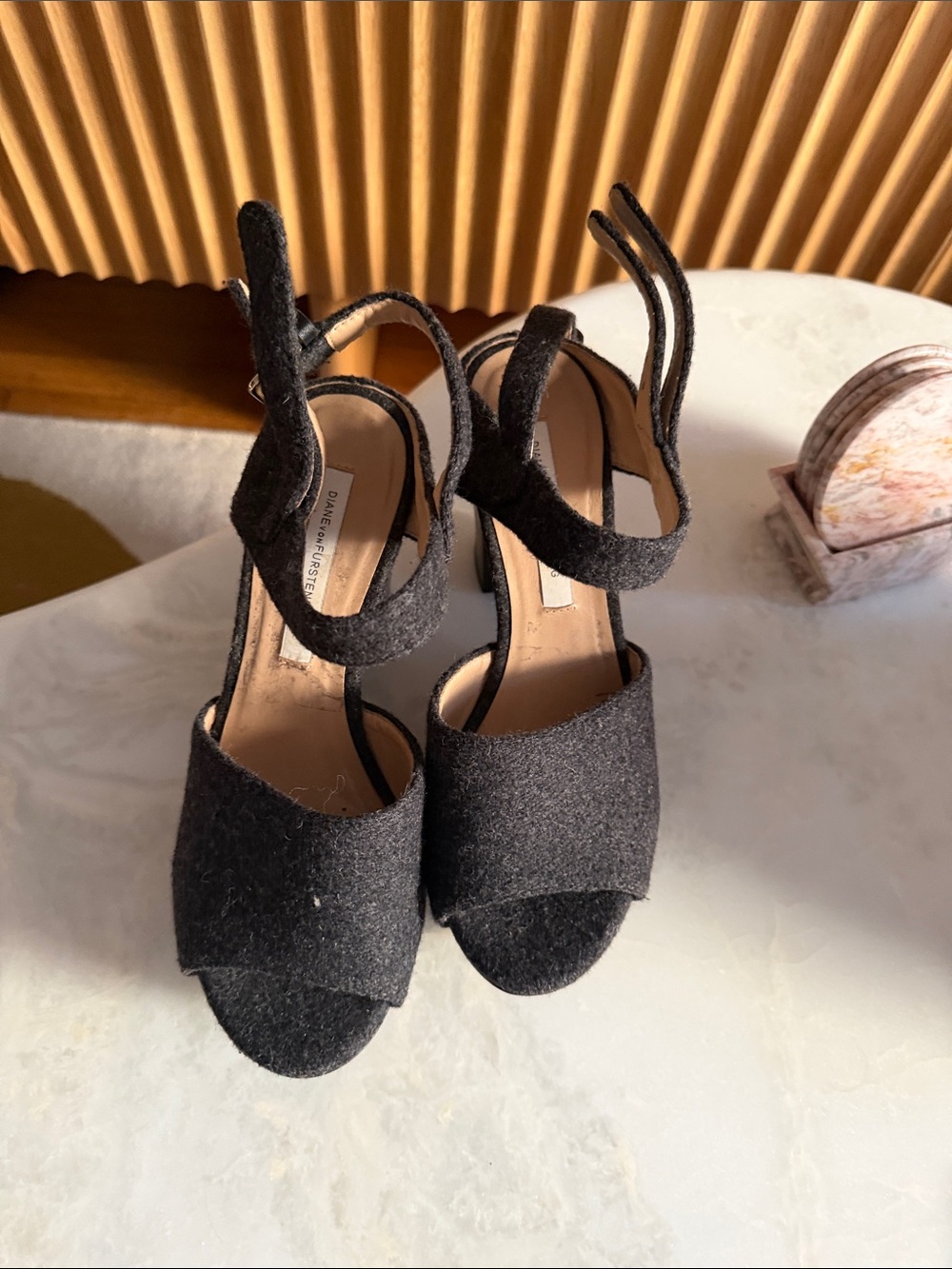 Diane Von Furstenberg Black Felt Open-Toe Ankle-Strap Block Heels